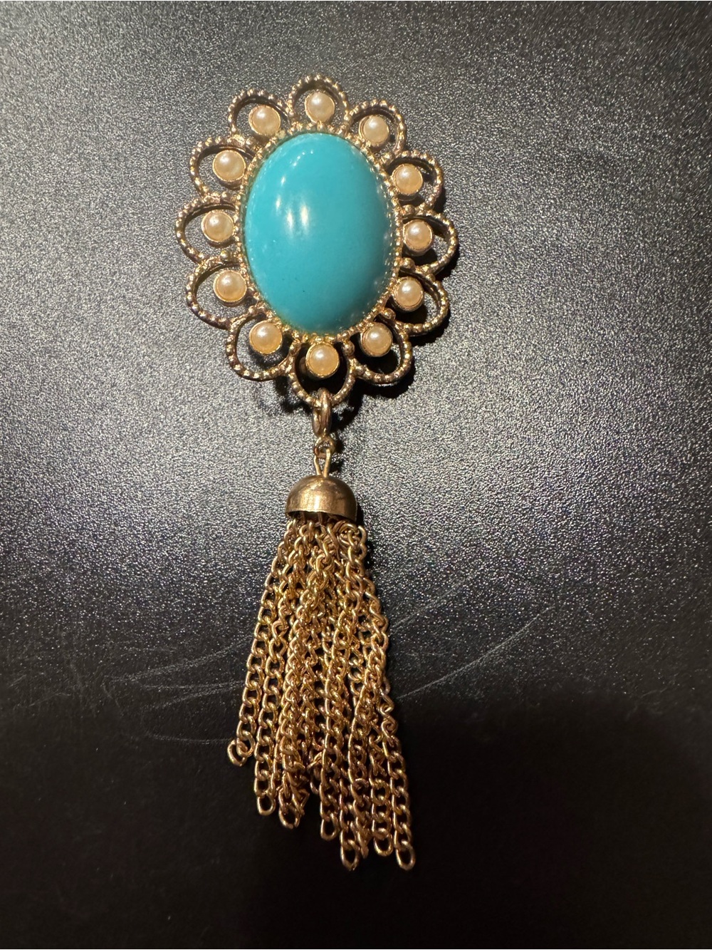 Vintage Sarah Coventry Gold-Tone Turquoise Cabochon Tassel Brooch